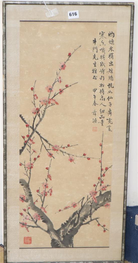 An early 20th century Chinese School painting of prunus, with an inscription on paper, 69 x 28cm